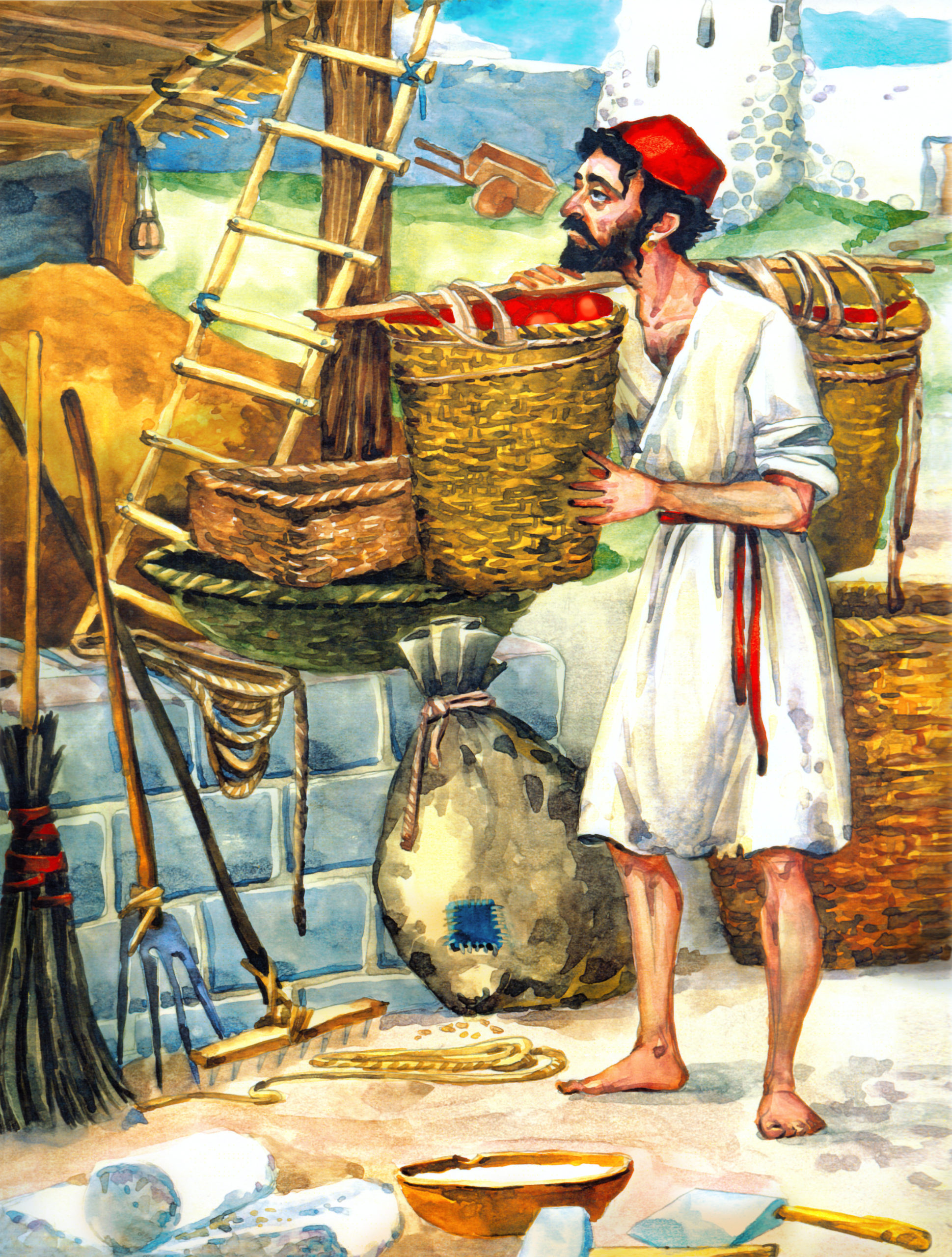 Watercolor sketch. Jew historic slave man Watercolor sketch picture hand drawn in biblic story cartoon art. israeli male figure in sack cloth tunic. Sad tired hebrew adult beard guy stand in dirty thresh floor barn tool bucket storage outdoor