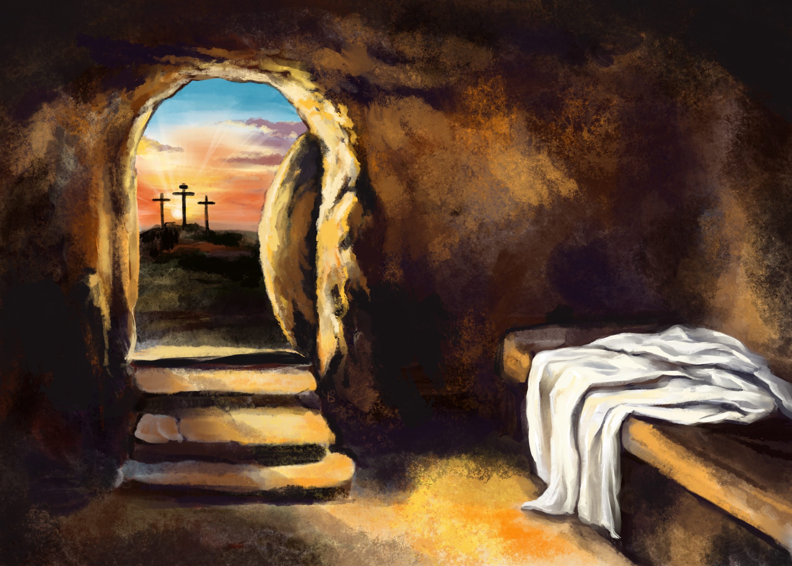 Easter Jesus Christ rose from the dead. Sunday morning. Dawn. The empty tomb in the background of the crucifixion. Happy easter. Christian symbol of faith, art illustration painted with watercolors Easter Jesus Christ rose from the dead. Sunday morning. Dawn. The empty tomb in the background of the crucifixion. Happy easter. Christian symbol of faith, art illustration painted with watercolors.