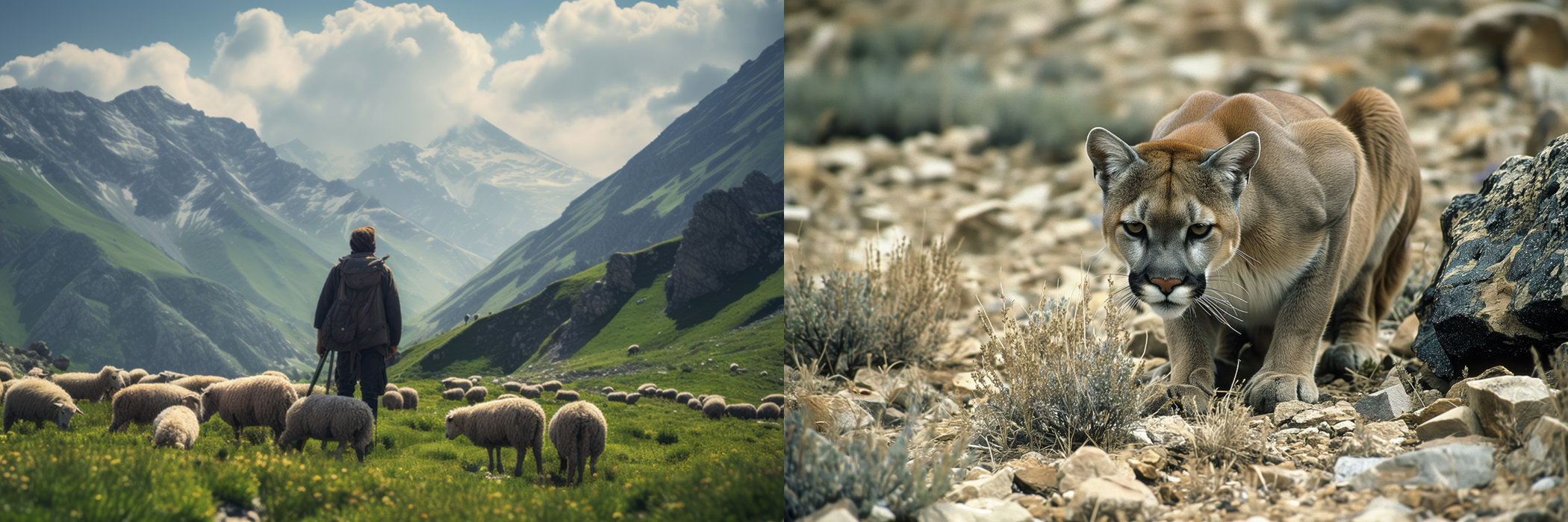 A Serene Shepherd Tending to Grazing Sheep. Majestic Mountain Pastures