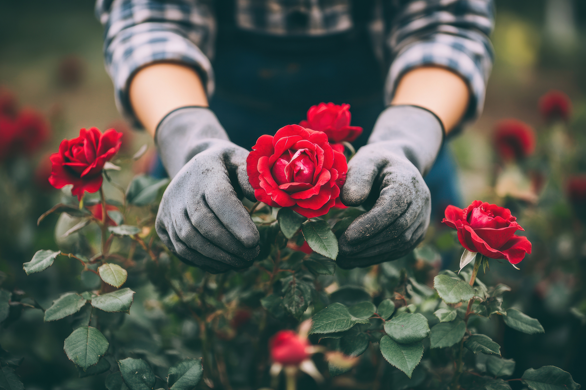 Gardener tending to vibrant red roses in lush garden