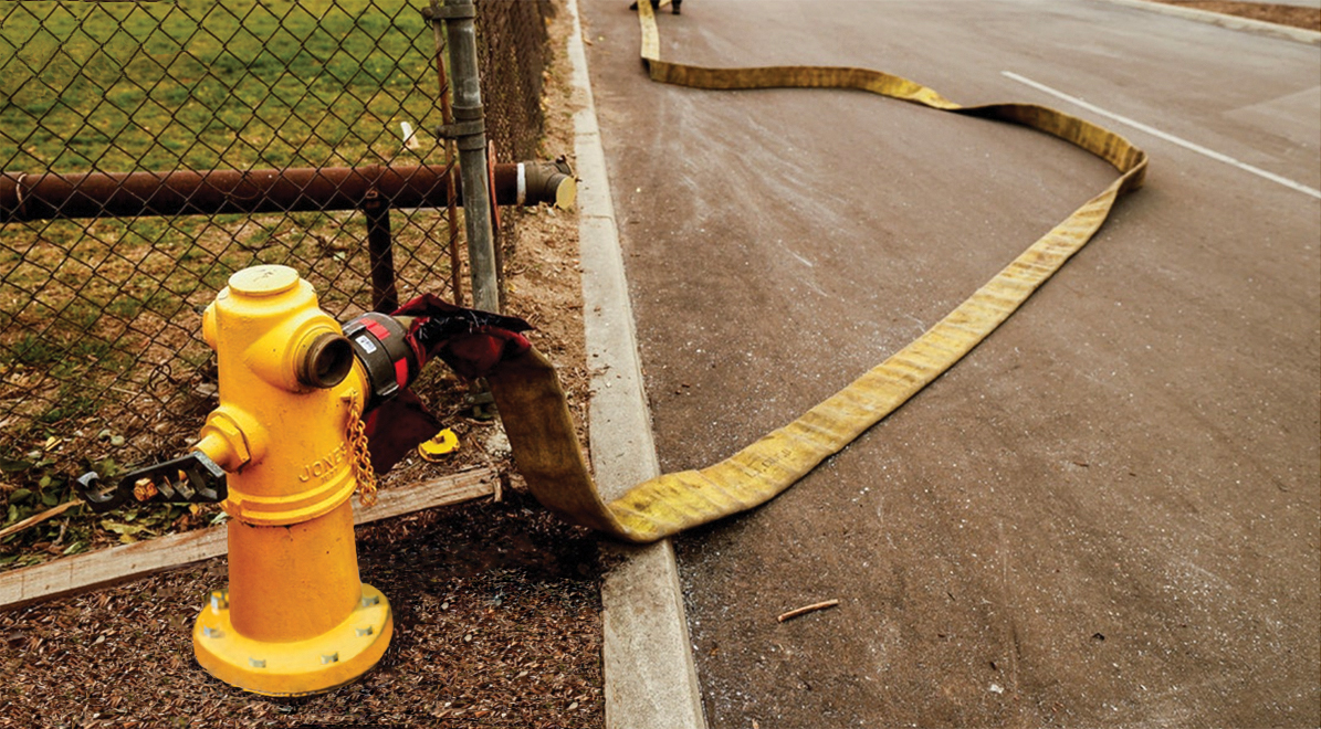 Yellow fire hydrant - hose with no water-web