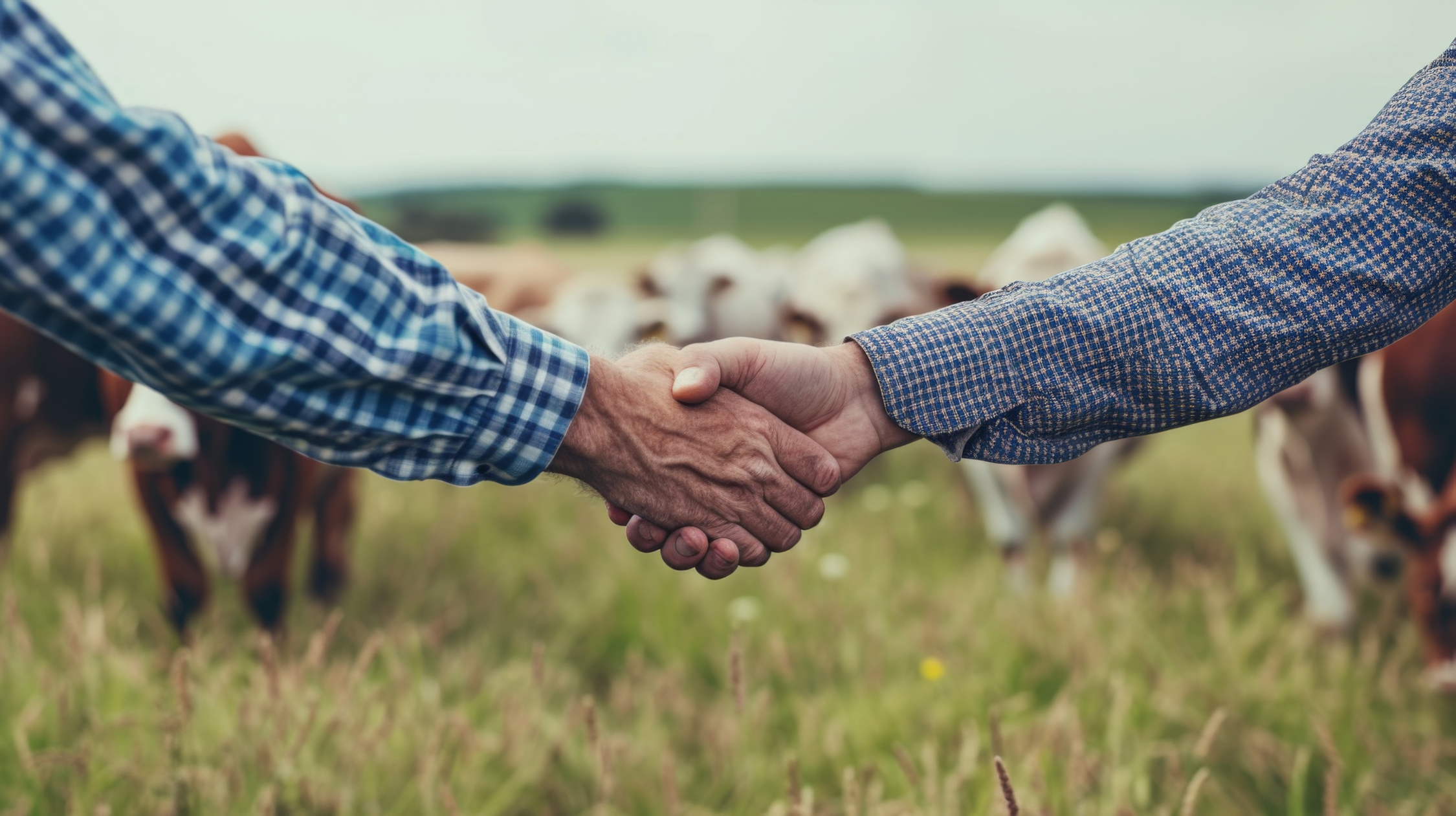 Bond between farmers and buyers as they seal a deal with a handshake amidst a picturesque scene of grazing cows Bond between farmers and buyers as they seal a deal with a handshake amidst a picturesque scene of grazing cows